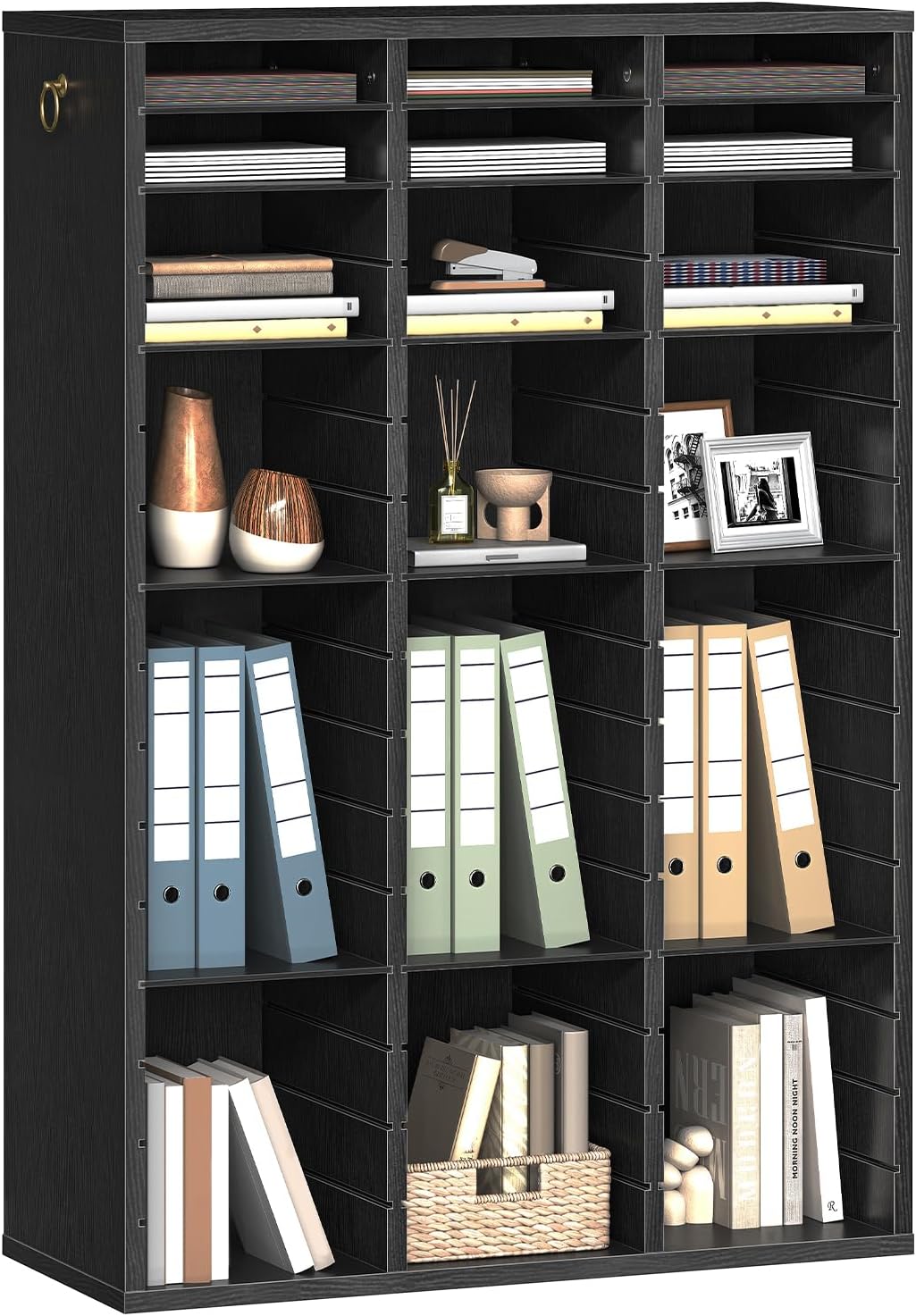 Literature Organizer, 27 Compartments Wooden Mail Organizer, Countertop Literature Sorter with Adjustable Shelves for Home, Office, School, Student Mailbox for Classroom, Black BK27WF01