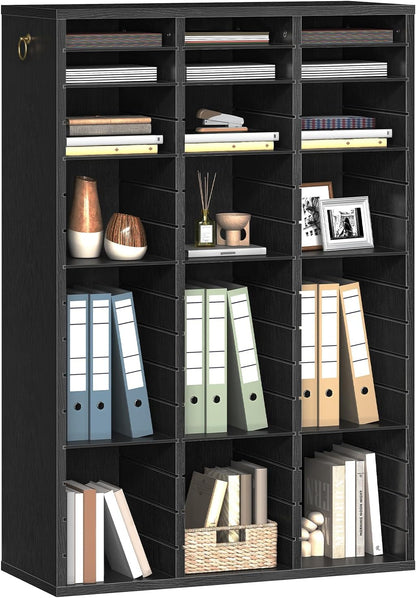 Literature Organizer, 27 Compartments Wooden Mail Organizer, Countertop Literature Sorter with Adjustable Shelves for Home, Office, School, Student Mailbox for Classroom, Black BK27WF01