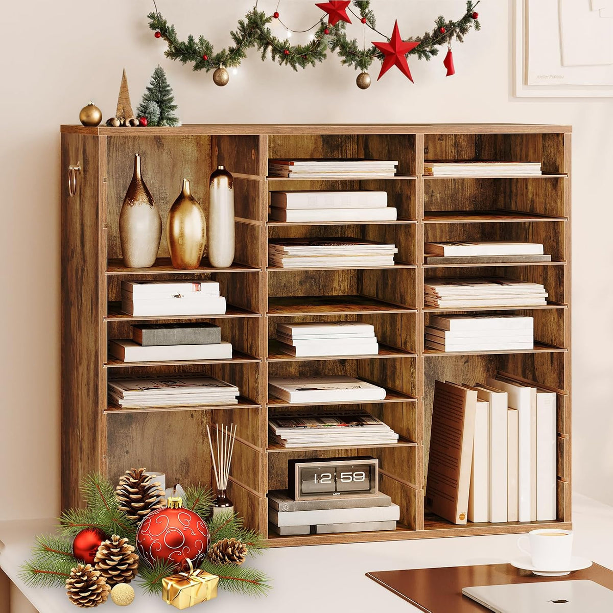 Literature Organizer, 27 Compartments Wooden Mail Organizer, Countertop Literature Sorter with Adjustable Shelves for Home, Office, School, Student Mailbox for Classroom, Black BK27WF01