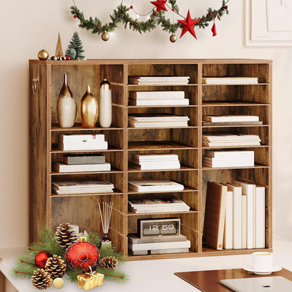 Literature Organizer, 27 Compartments Wooden Mail Organizer, Countertop Literature Sorter with Adjustable Shelves for Home, Office, School, Student Mailbox for Classroom, Black BK27WF01