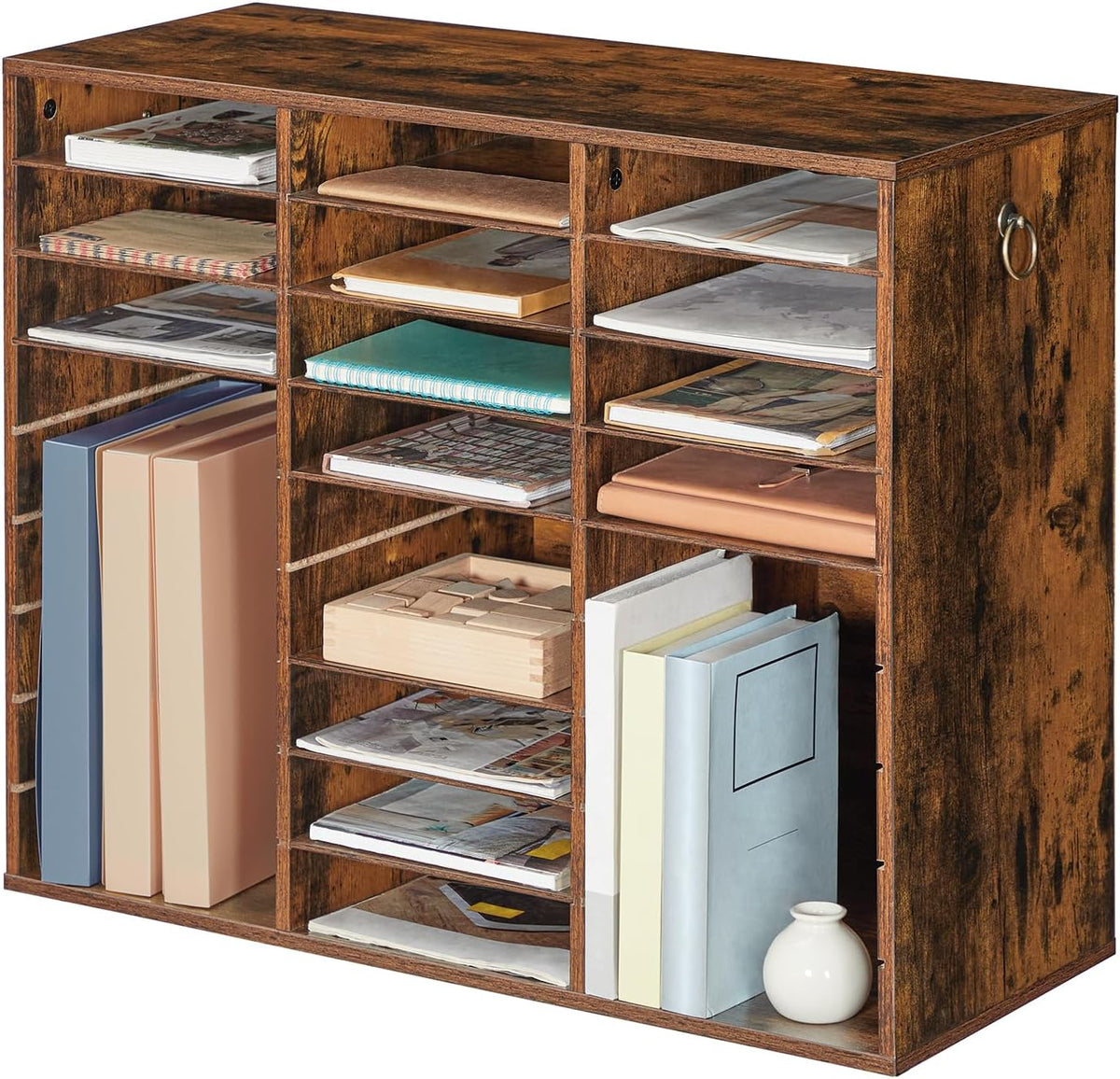 Literature Organizer, 27 Compartments Wooden Mail Organizer, Countertop Literature Sorter with Adjustable Shelves for Home, Office, School, Student Mailbox for Classroom, Black BK27WF01