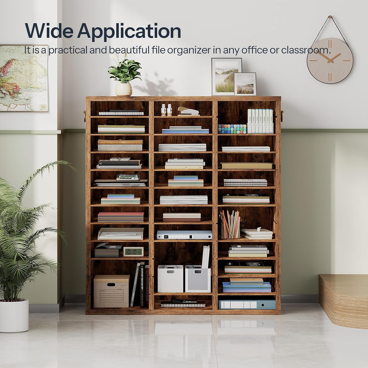 Literature Organizer, 27 Compartments Wooden Mail Organizer, Countertop Literature Sorter with Adjustable Shelves for Home, Office, School, Student Mailbox for Classroom, Black BK27WF01