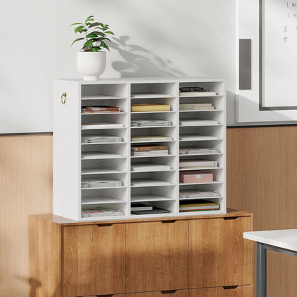 Literature Organizer, 27 Compartments Wooden Mail Organizer, Countertop Literature Sorter with Adjustable Shelves for Home, Office, School, Student Mailbox for Classroom, Black BK27WF01
