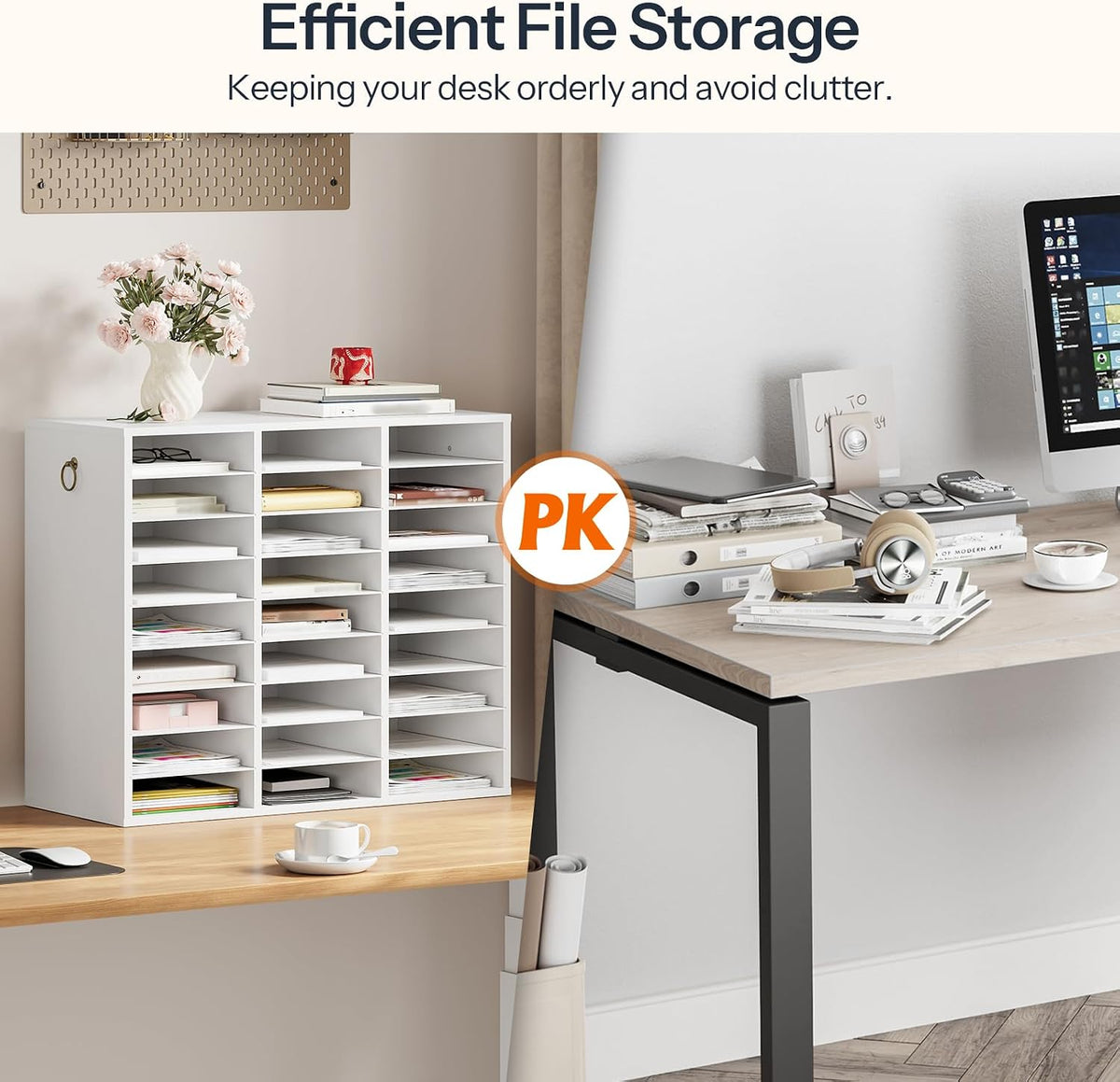 Literature Organizer, 27 Compartments Wooden Mail Organizer, Countertop Literature Sorter with Adjustable Shelves for Home, Office, School, Student Mailbox for Classroom, Black BK27WF01