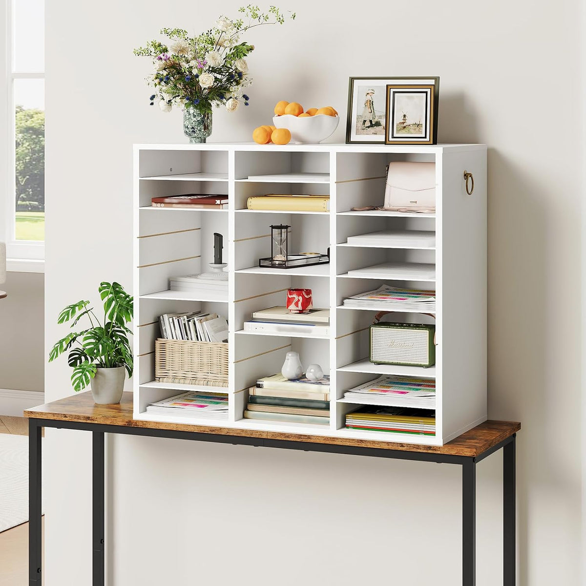 Literature Organizer, 27 Compartments Wooden Mail Organizer, Countertop Literature Sorter with Adjustable Shelves for Home, Office, School, Student Mailbox for Classroom, Black BK27WF01