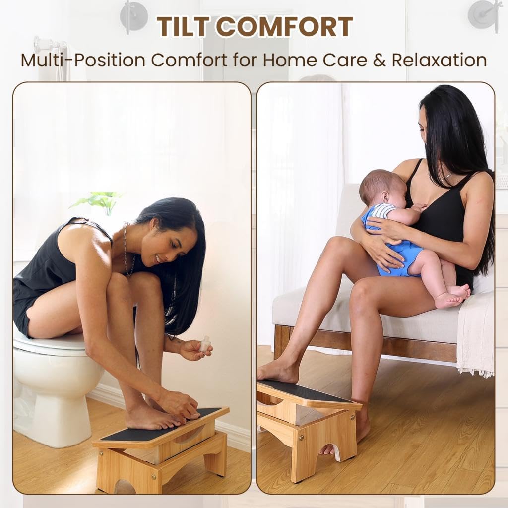 Ergonomic Wooden Foot Stool Under Desk, 3 Angles, Non-Slip