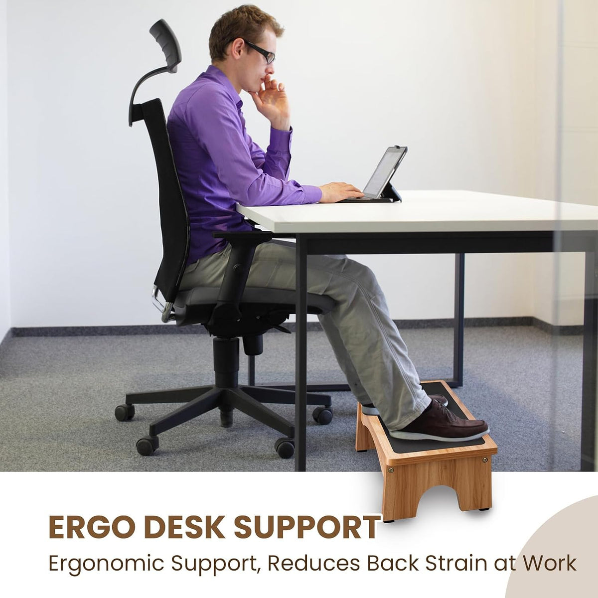 Ergonomic Wooden Foot Stool Under Desk, 3 Angles, Non-Slip