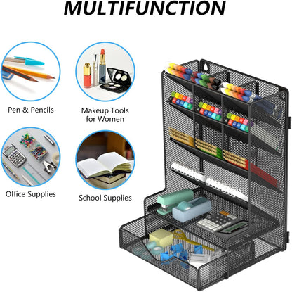 Pen Organizer for Desk, Multi-Functional Desk Organizer, Wall Mount Pen Holder with Drawer for School, Office, Home, Art Supplies, Black