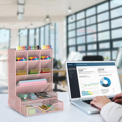 Pen Organizer for Desk, Multi-Functional Desk Organizer, Wall Mount Pen Holder with Drawer for School, Office, Home, Art Supplies, Black