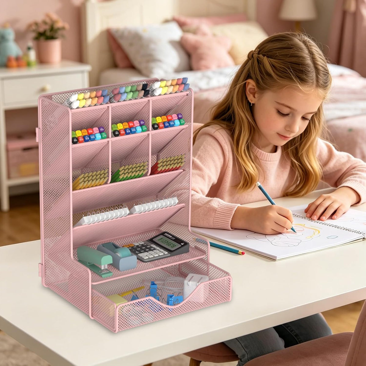 Pen Organizer for Desk, Multi-Functional Desk Organizer, Wall Mount Pen Holder with Drawer for School, Office, Home, Art Supplies, Black