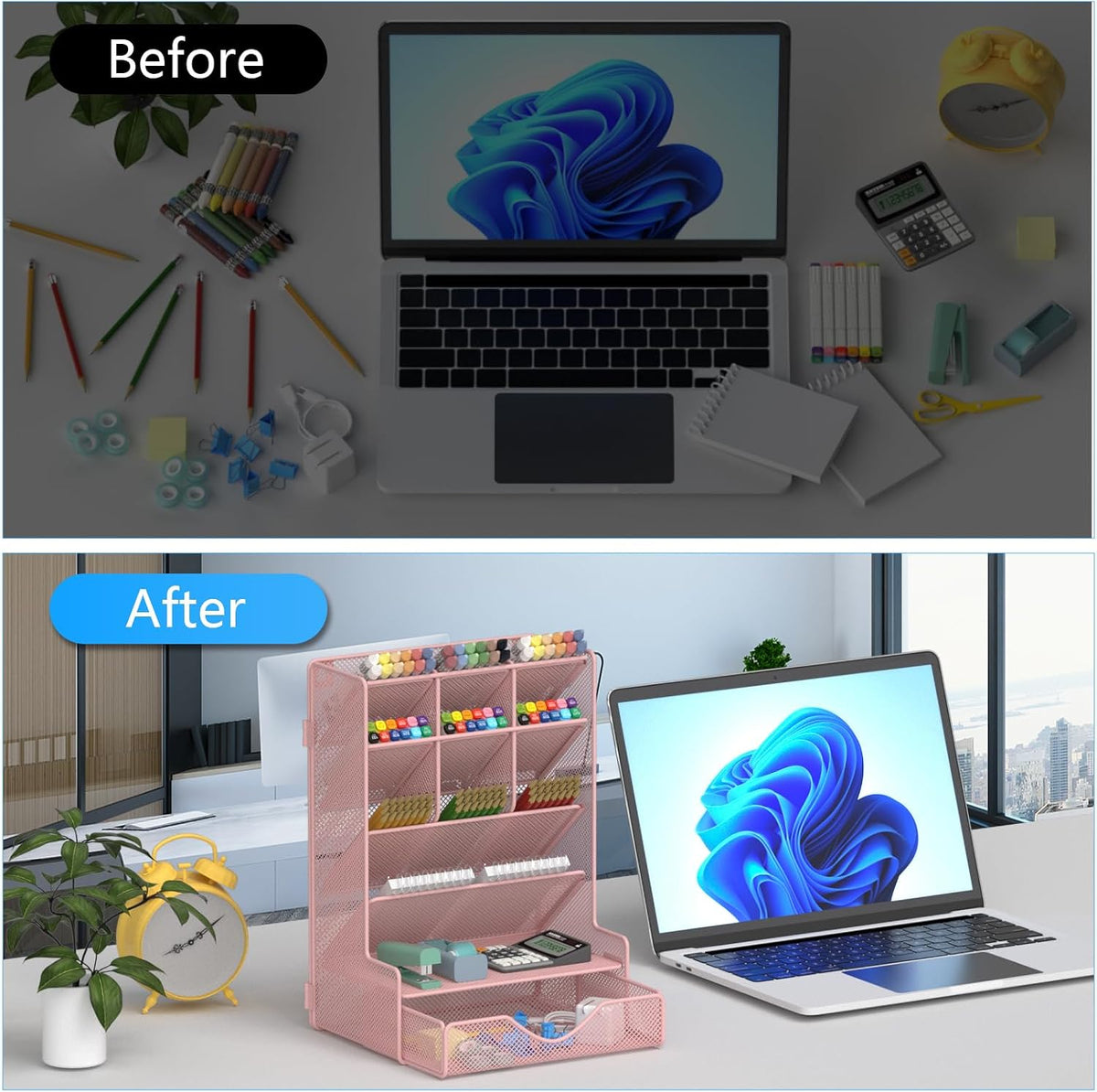 Pen Organizer for Desk, Multi-Functional Desk Organizer, Wall Mount Pen Holder with Drawer for School, Office, Home, Art Supplies, Black