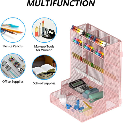 Pen Organizer for Desk, Multi-Functional Desk Organizer, Wall Mount Pen Holder with Drawer for School, Office, Home, Art Supplies, Black