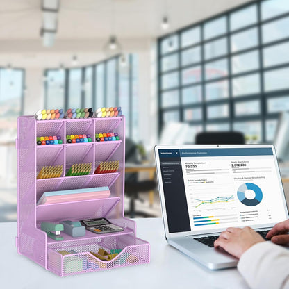 Pen Organizer for Desk, Multi-Functional Desk Organizer, Wall Mount Pen Holder with Drawer for School, Office, Home, Art Supplies, Black