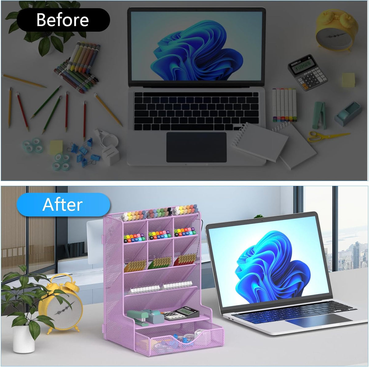 Pen Organizer for Desk, Multi-Functional Desk Organizer, Wall Mount Pen Holder with Drawer for School, Office, Home, Art Supplies, Black