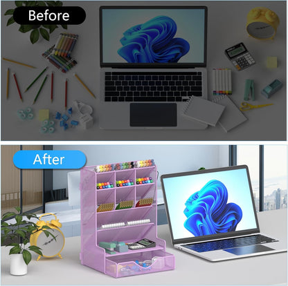 Pen Organizer for Desk, Multi-Functional Desk Organizer, Wall Mount Pen Holder with Drawer for School, Office, Home, Art Supplies, Black