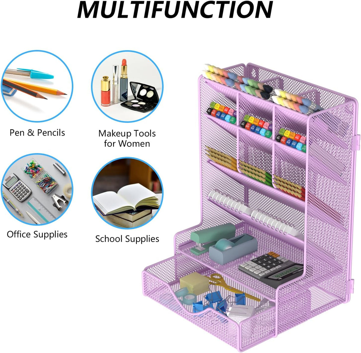 Pen Organizer for Desk, Multi-Functional Desk Organizer, Wall Mount Pen Holder with Drawer for School, Office, Home, Art Supplies, Black