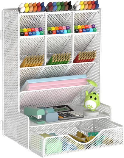 Pen Organizer for Desk, Multi-Functional Desk Organizer, Wall Mount Pen Holder with Drawer for School, Office, Home, Art Supplies, Black