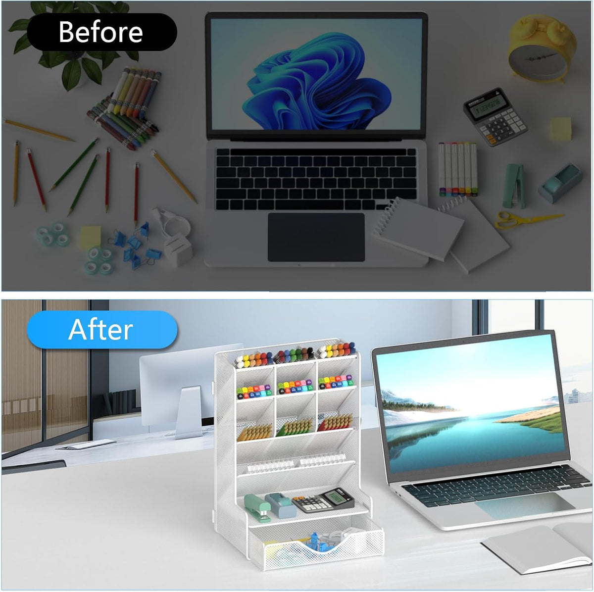 Pen Organizer for Desk, Multi-Functional Desk Organizer, Wall Mount Pen Holder with Drawer for School, Office, Home, Art Supplies, Black
