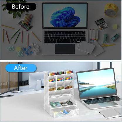 Pen Organizer for Desk, Multi-Functional Desk Organizer, Wall Mount Pen Holder with Drawer for School, Office, Home, Art Supplies, Black