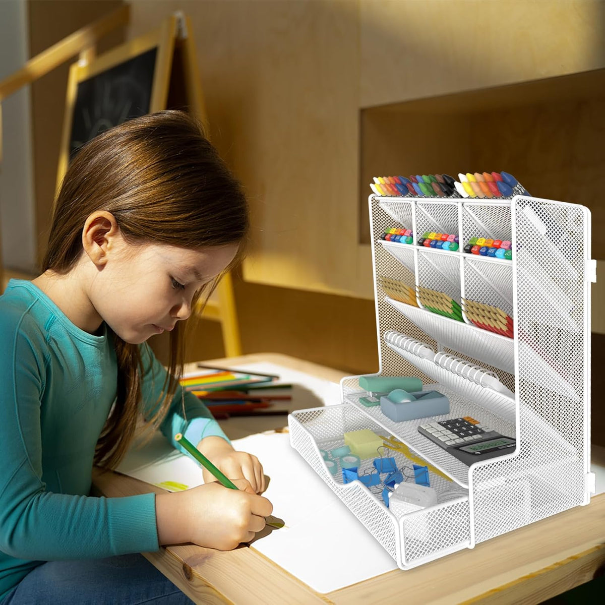 Pen Organizer for Desk, Multi-Functional Desk Organizer, Wall Mount Pen Holder with Drawer for School, Office, Home, Art Supplies, Black
