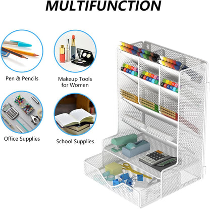 Pen Organizer for Desk, Multi-Functional Desk Organizer, Wall Mount Pen Holder with Drawer for School, Office, Home, Art Supplies, Black