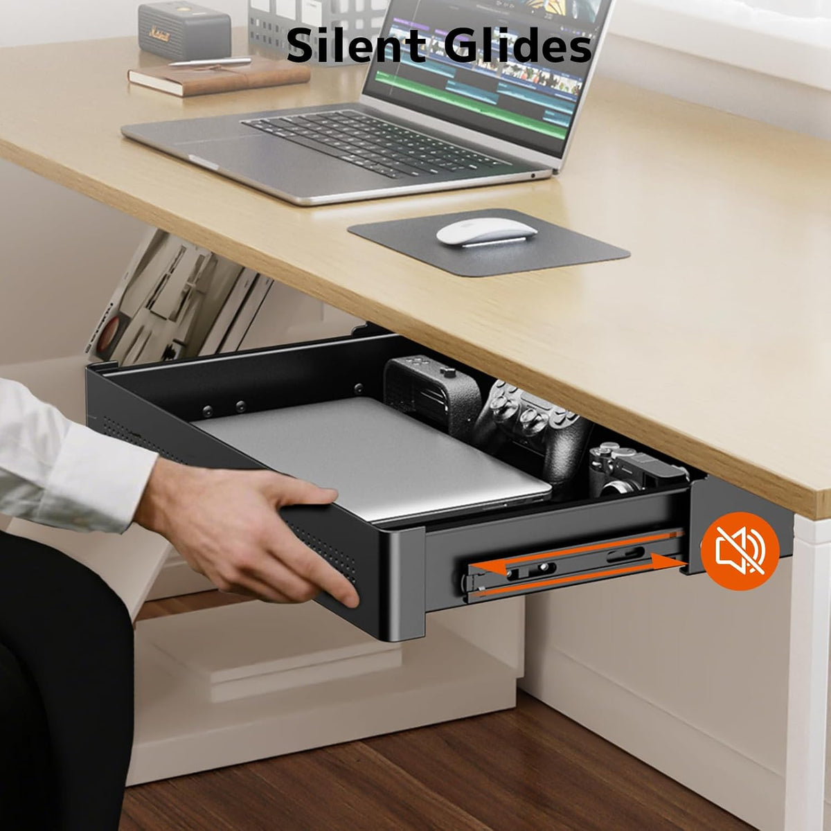 Under Desk Storage Drawer 15.7" Wide - Smooth Slide Out Organizer for Standing Desk & Home Office,Max Load 17.6 lbs,Quiet Glide, Black