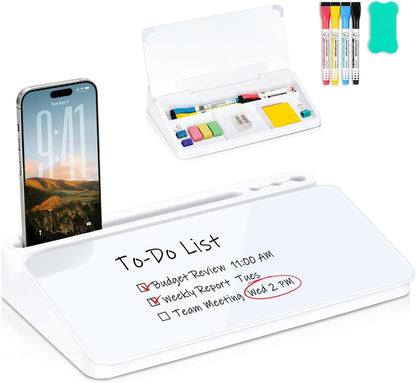Small Desktop Glass Whiteboard with Storage, Desk Dry Erase White Board