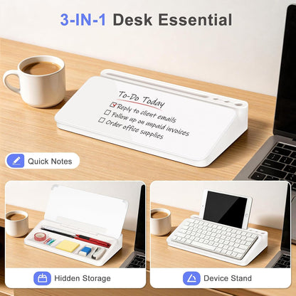 Small Desktop Glass Whiteboard with Storage, Desk Dry Erase White Board