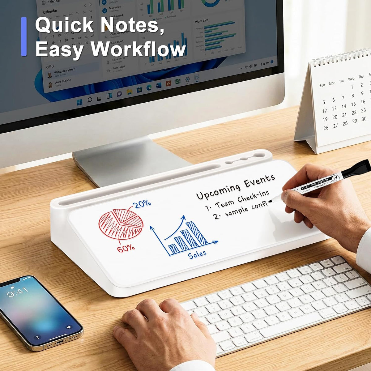 Small Desktop Glass Whiteboard with Storage, Desk Dry Erase White Board