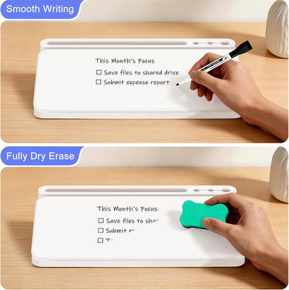 Small Desktop Glass Whiteboard with Storage, Desk Dry Erase White Board