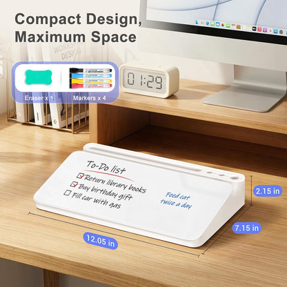 Small Desktop Glass Whiteboard with Storage, Desk Dry Erase White Board