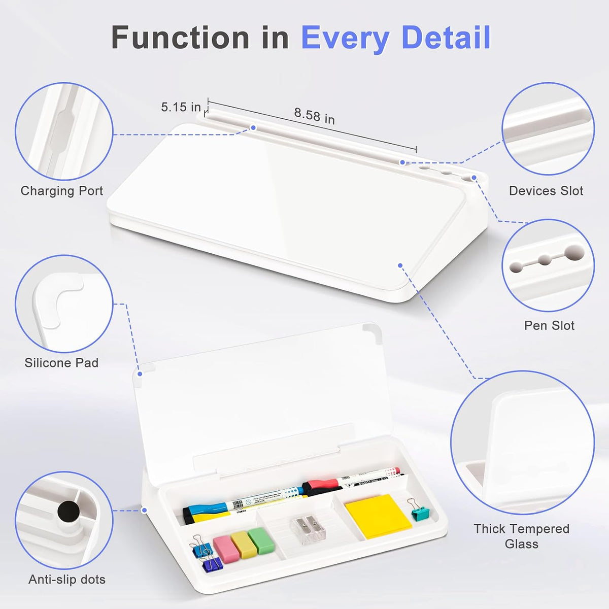 Small Desktop Glass Whiteboard with Storage, Desk Dry Erase White Board