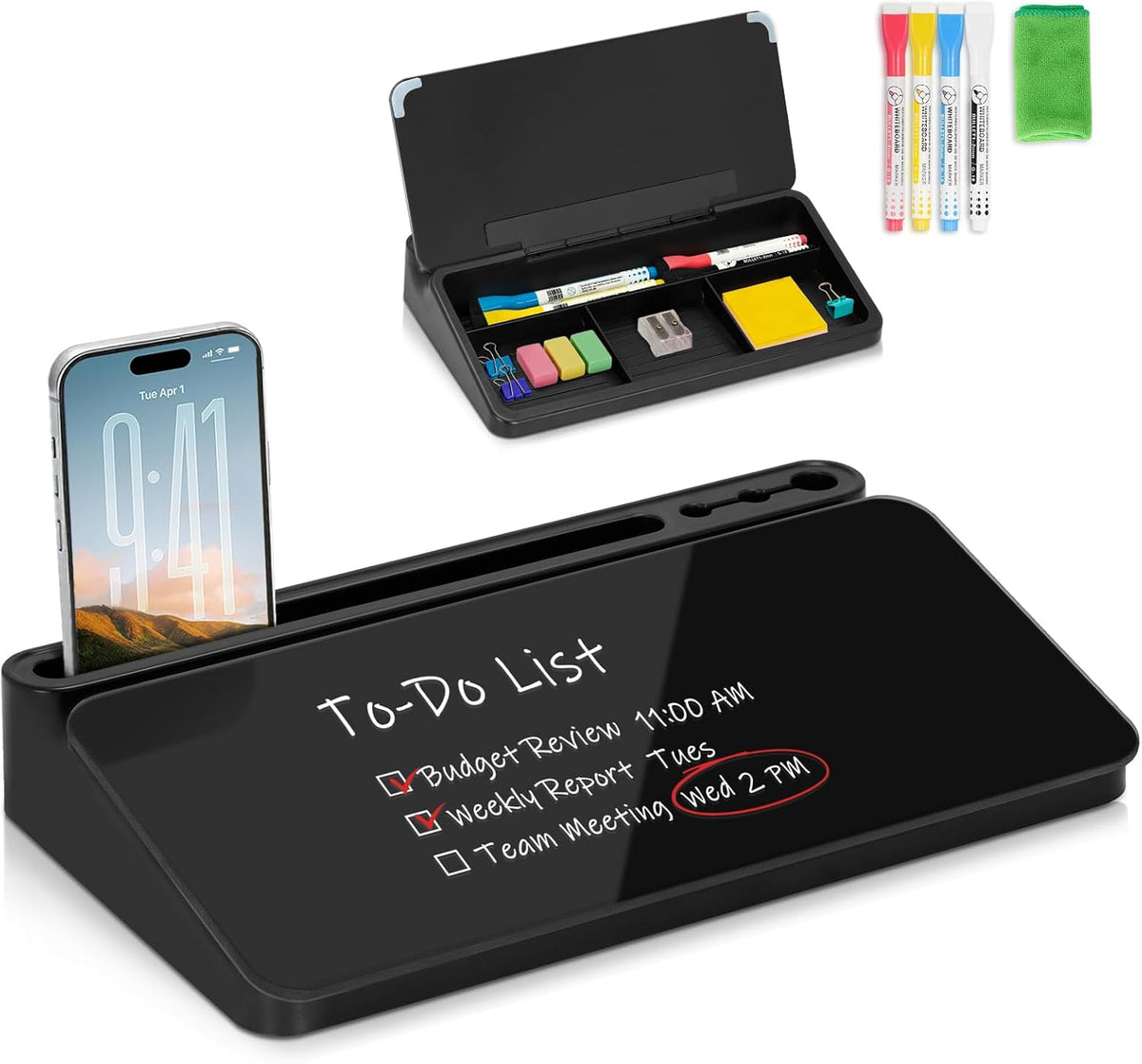 Small Desktop Glass Whiteboard with Storage, Desk Dry Erase White Board