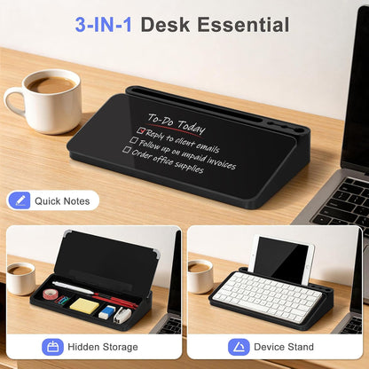 Small Desktop Glass Whiteboard with Storage, Desk Dry Erase White Board