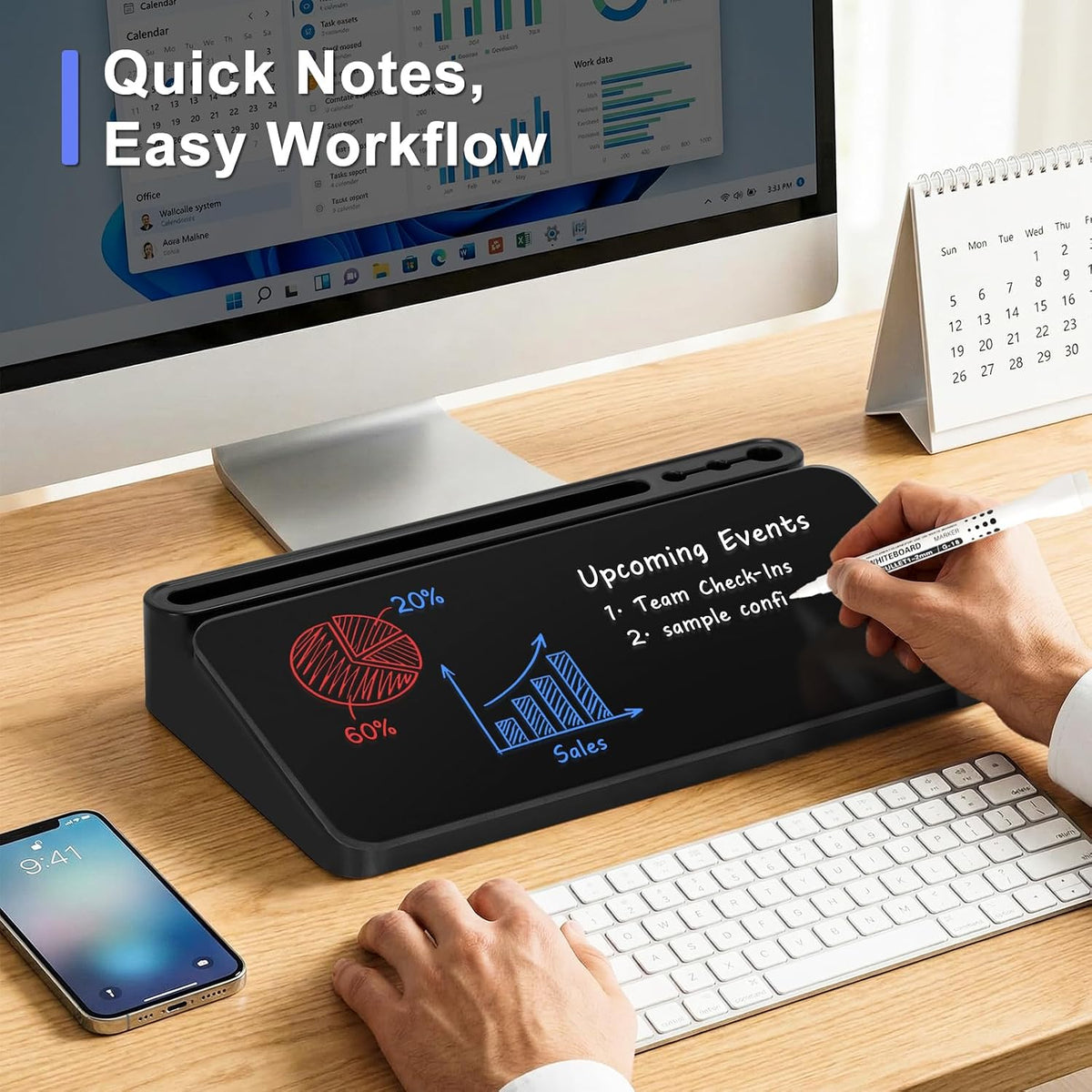 Small Desktop Glass Whiteboard with Storage, Desk Dry Erase White Board