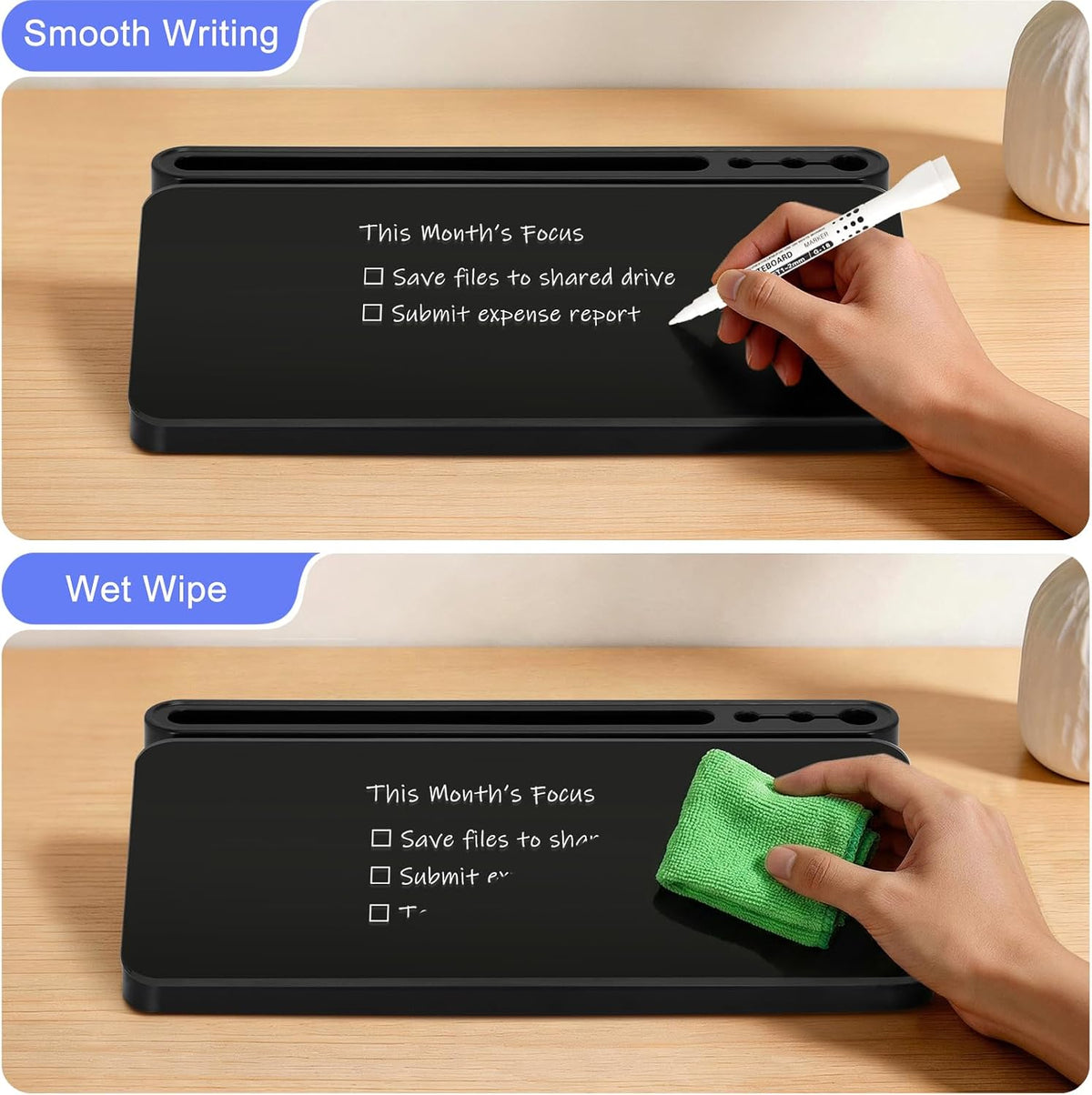 Small Desktop Glass Whiteboard with Storage, Desk Dry Erase White Board