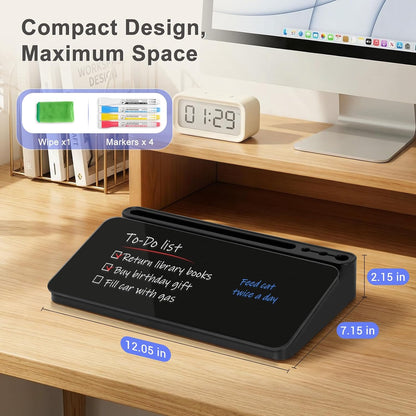 Small Desktop Glass Whiteboard with Storage, Desk Dry Erase White Board