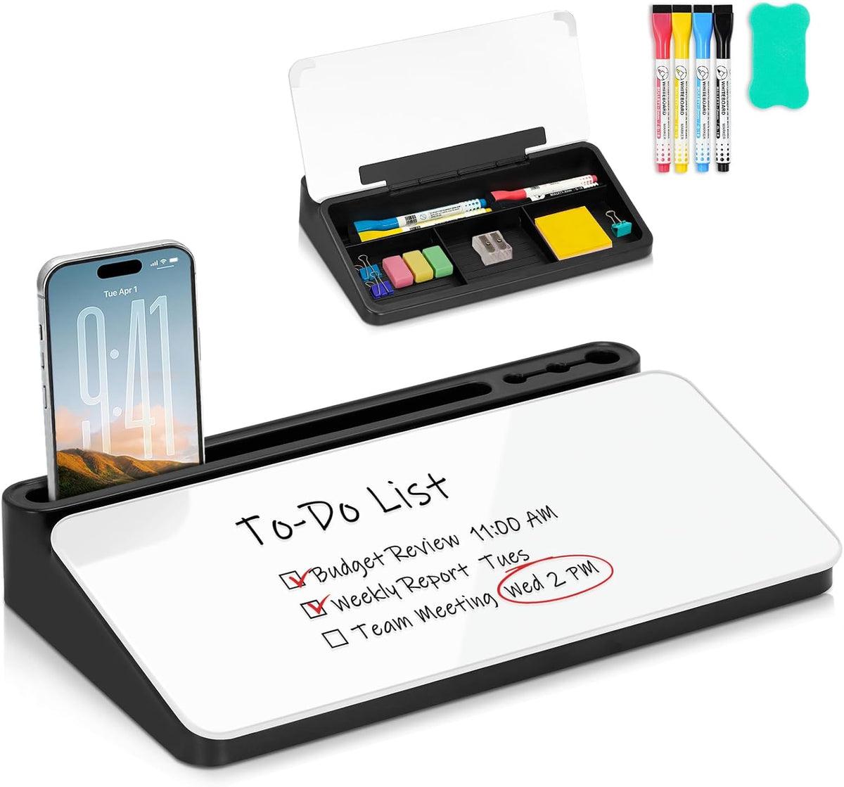 Small Desktop Glass Whiteboard with Storage, Desk Dry Erase White Board
