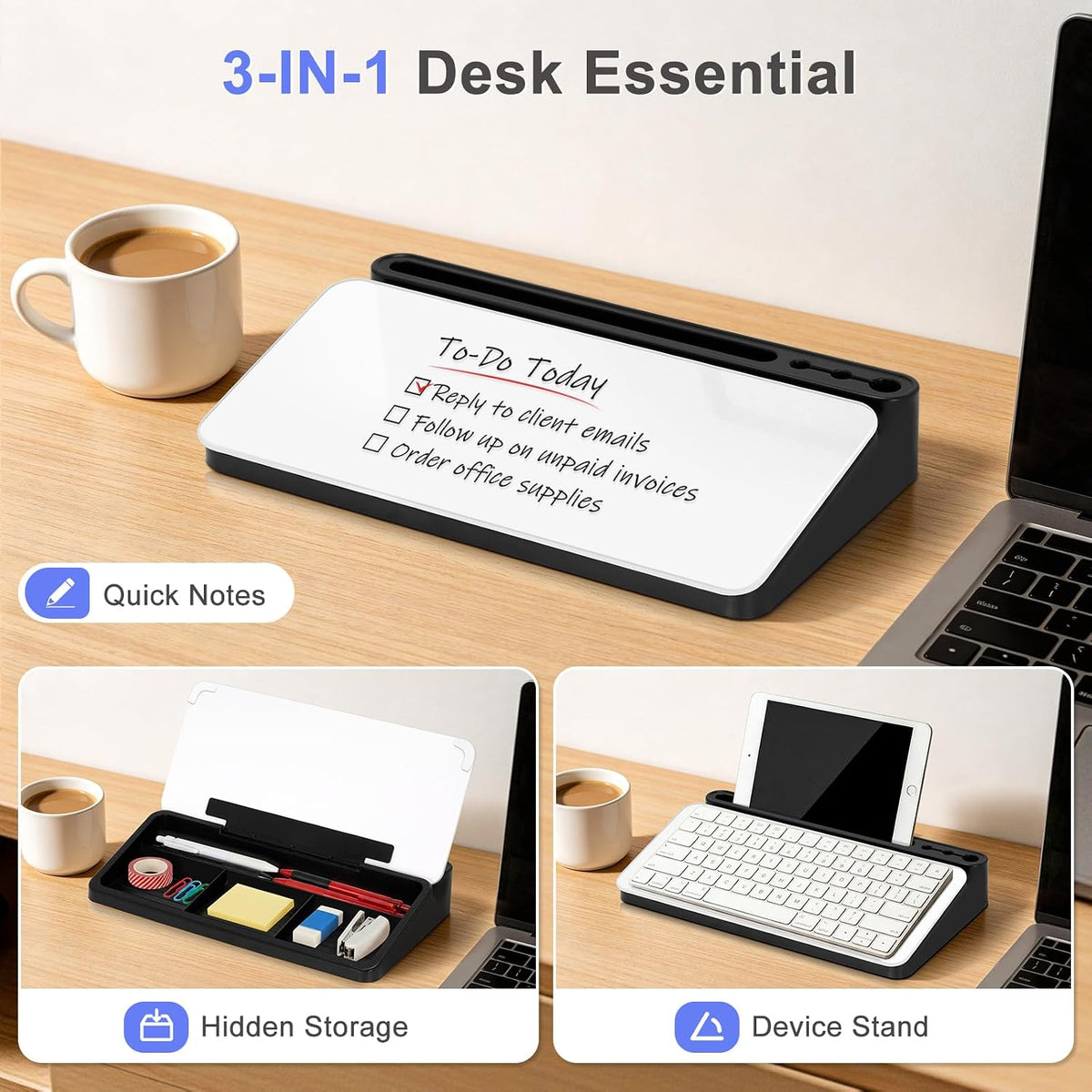 Small Desktop Glass Whiteboard with Storage, Desk Dry Erase White Board