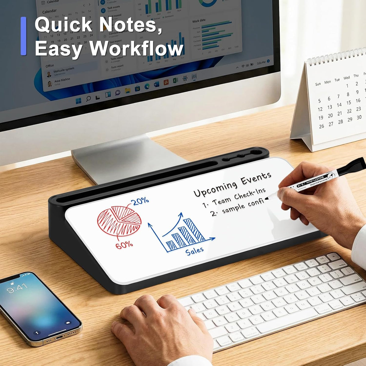 Small Desktop Glass Whiteboard with Storage, Desk Dry Erase White Board
