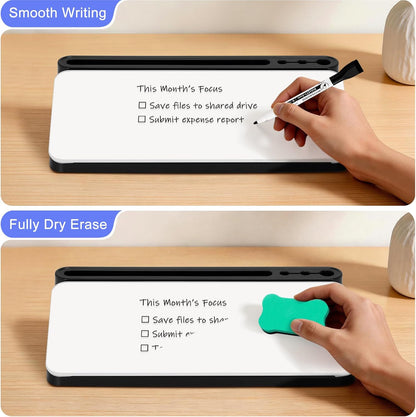 Small Desktop Glass Whiteboard with Storage, Desk Dry Erase White Board