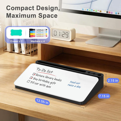 Small Desktop Glass Whiteboard with Storage, Desk Dry Erase White Board