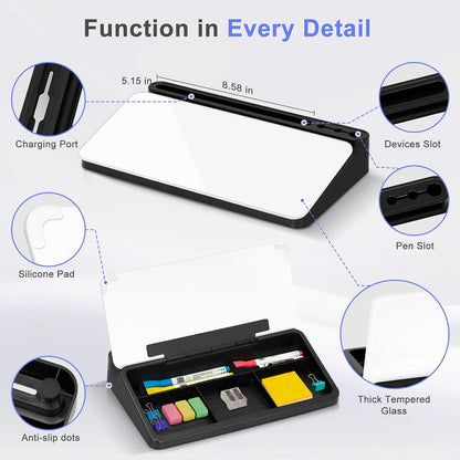 Small Desktop Glass Whiteboard with Storage, Desk Dry Erase White Board