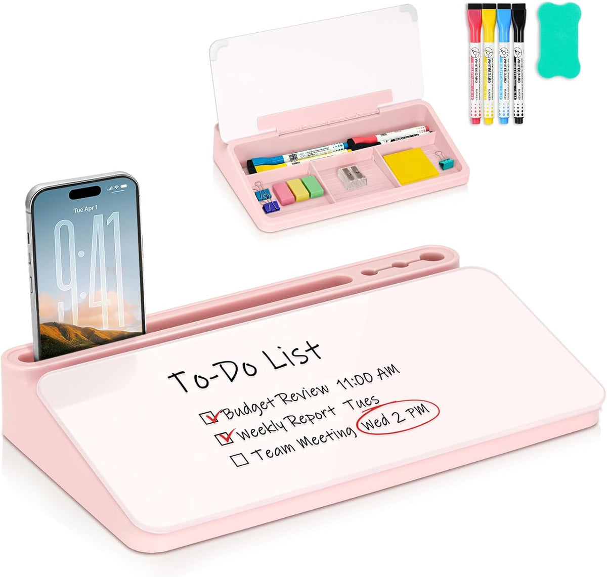 Small Desktop Glass Whiteboard with Storage, Desk Dry Erase White Board