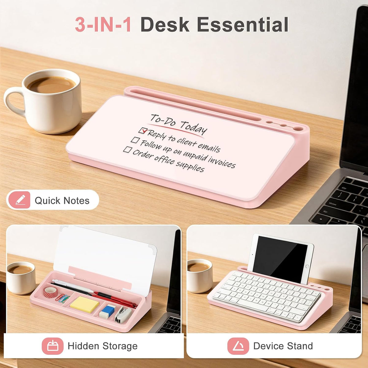Small Desktop Glass Whiteboard with Storage, Desk Dry Erase White Board