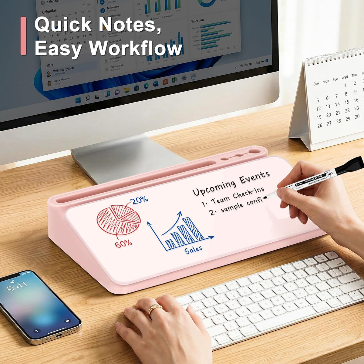 Small Desktop Glass Whiteboard with Storage, Desk Dry Erase White Board