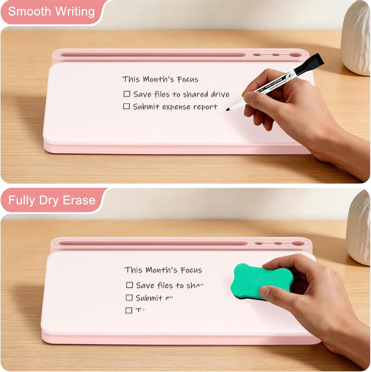 Small Desktop Glass Whiteboard with Storage, Desk Dry Erase White Board