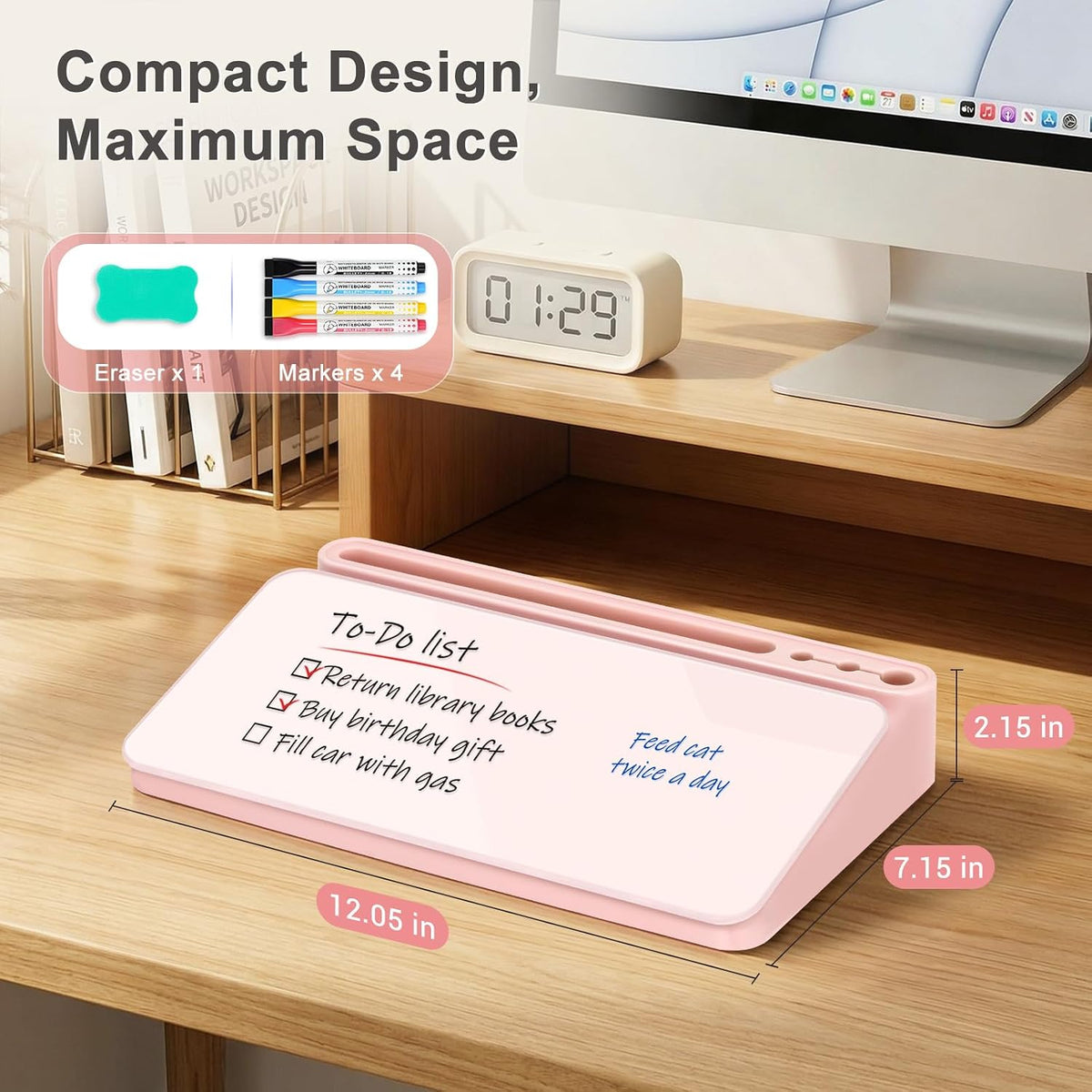 Small Desktop Glass Whiteboard with Storage, Desk Dry Erase White Board