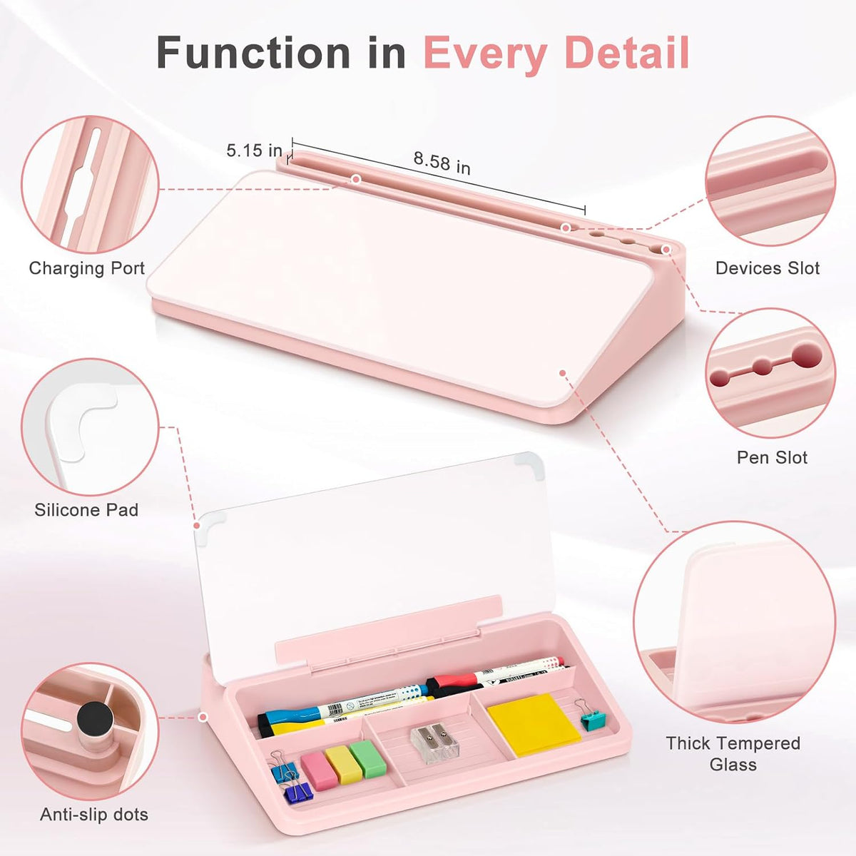 Small Desktop Glass Whiteboard with Storage, Desk Dry Erase White Board