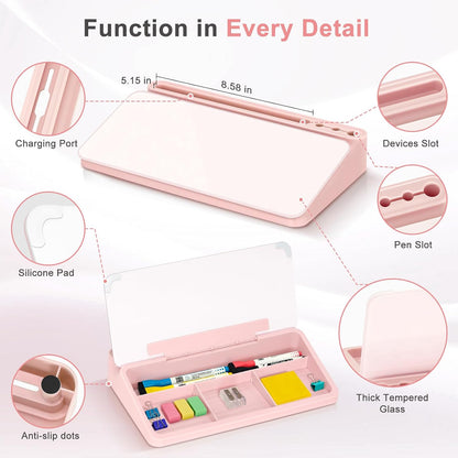 Small Desktop Glass Whiteboard with Storage, Desk Dry Erase White Board